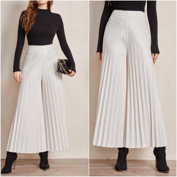 BellanBlue Pants - White Accordion Vegan Leather Palazzo Wide Pants